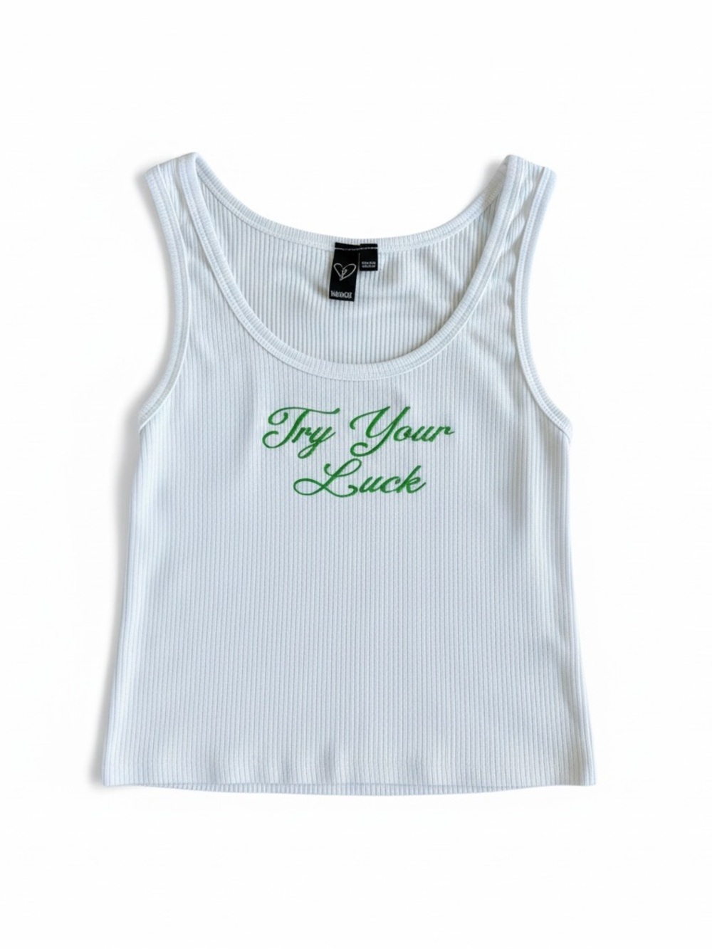 "Try Your Luck" Ribbed Tank Top - White with Green Script
